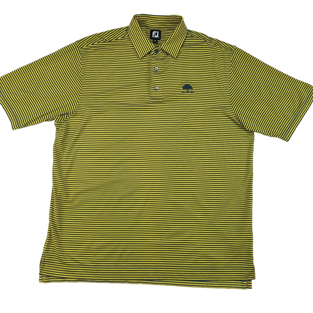 FootJoy Mens XL Polo Shirt Yellow Navy Blue Striped Talamore Golf Club Short Slv